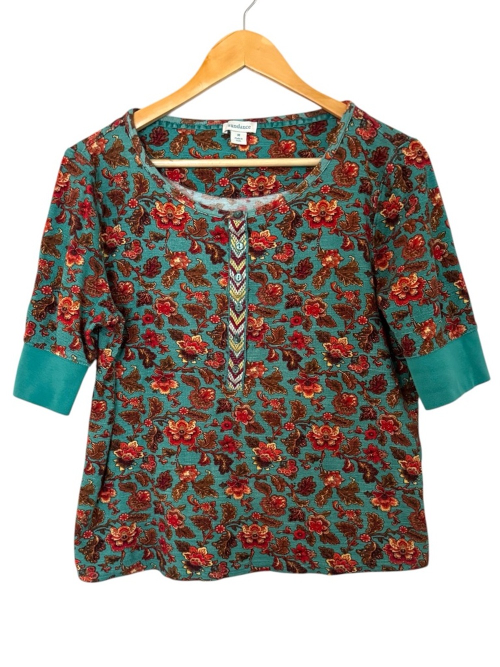 Sundance  Cordelia Bloom Floral Aztec Short Sleeve Henley Waffle Top Size Medium